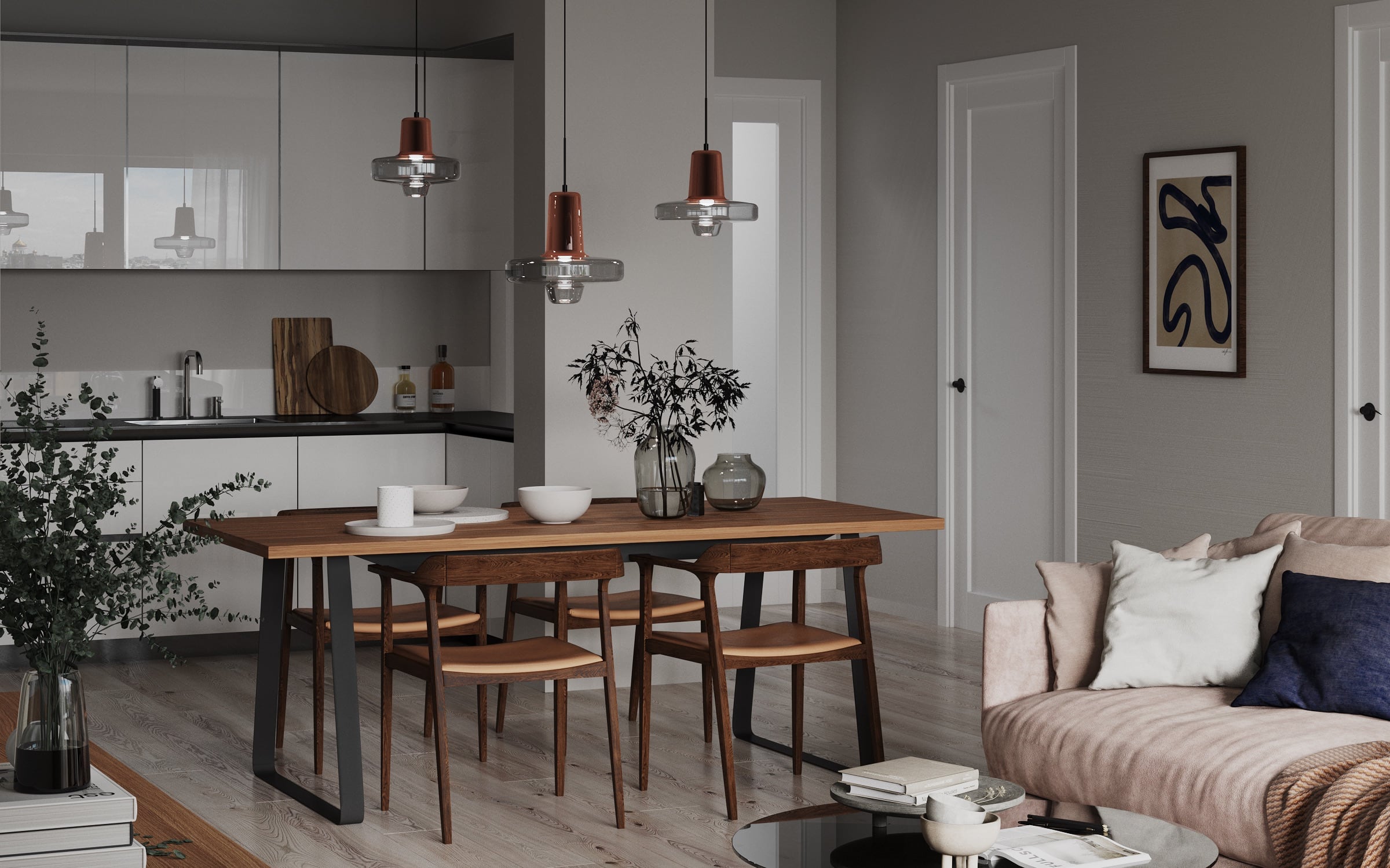 3D Visualisierung des architektonischen Innenraums eines Wohnzimmers mit Küche in einer Wohnung am Berliner Alexanderplatz, Deutschland 3D Visualisierung des architektonischen Innenraums eines Wohnzimmers mit Küche in einer Wohnung am Berliner Alexanderplatz, Deutschland