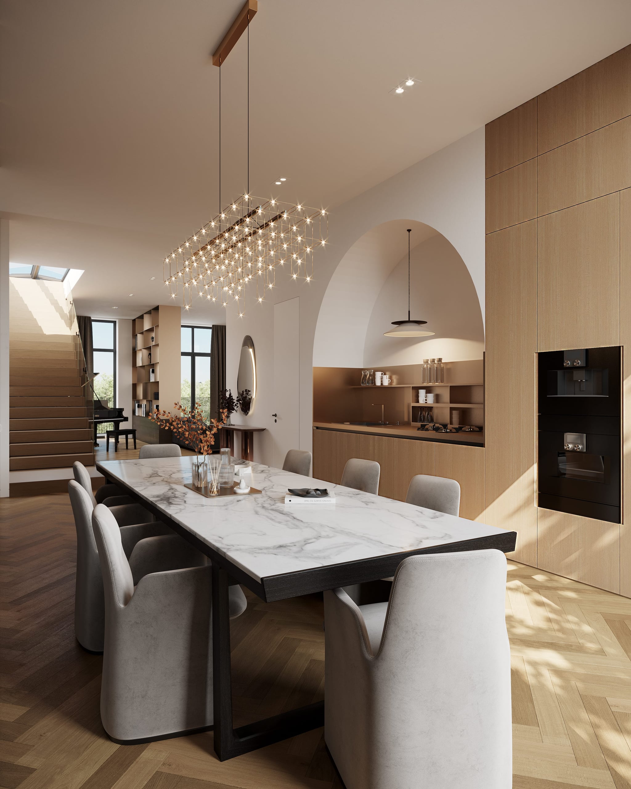 3D rendering of a living room interior in the Kreuzgasse multifamily housing project, featuring modern furnishings and large windows with natural light. 3D rendering of a living room interior in the Kreuzgasse multifamily housing project, featuring modern furnishings and large windows with natural light.