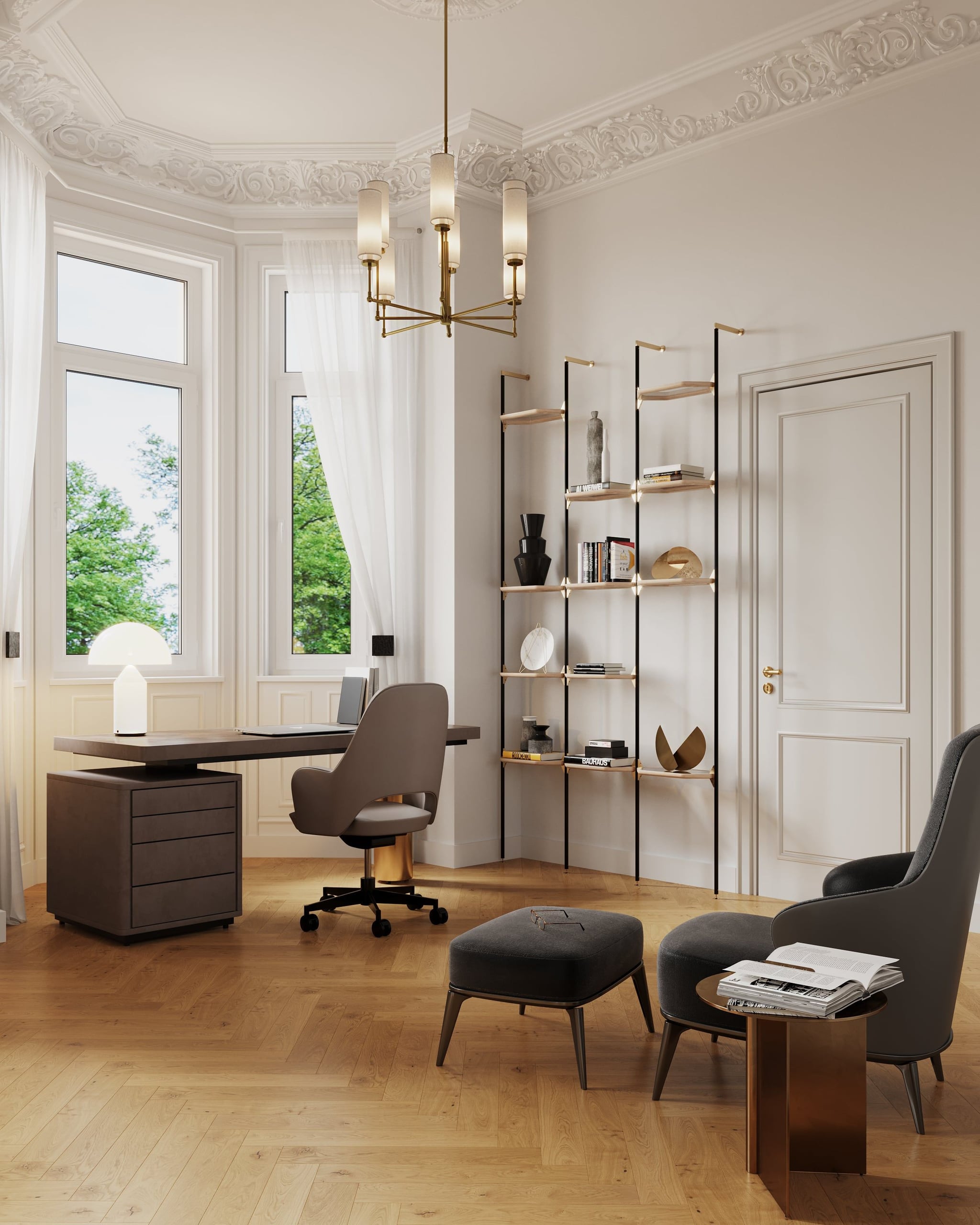 3D Interior Visualization of working room in renovated historical apartment in Fliederstrasse, Hamburg 3D Interior Visualization of working room in renovated historical apartment in Fliederstrasse, Hamburg