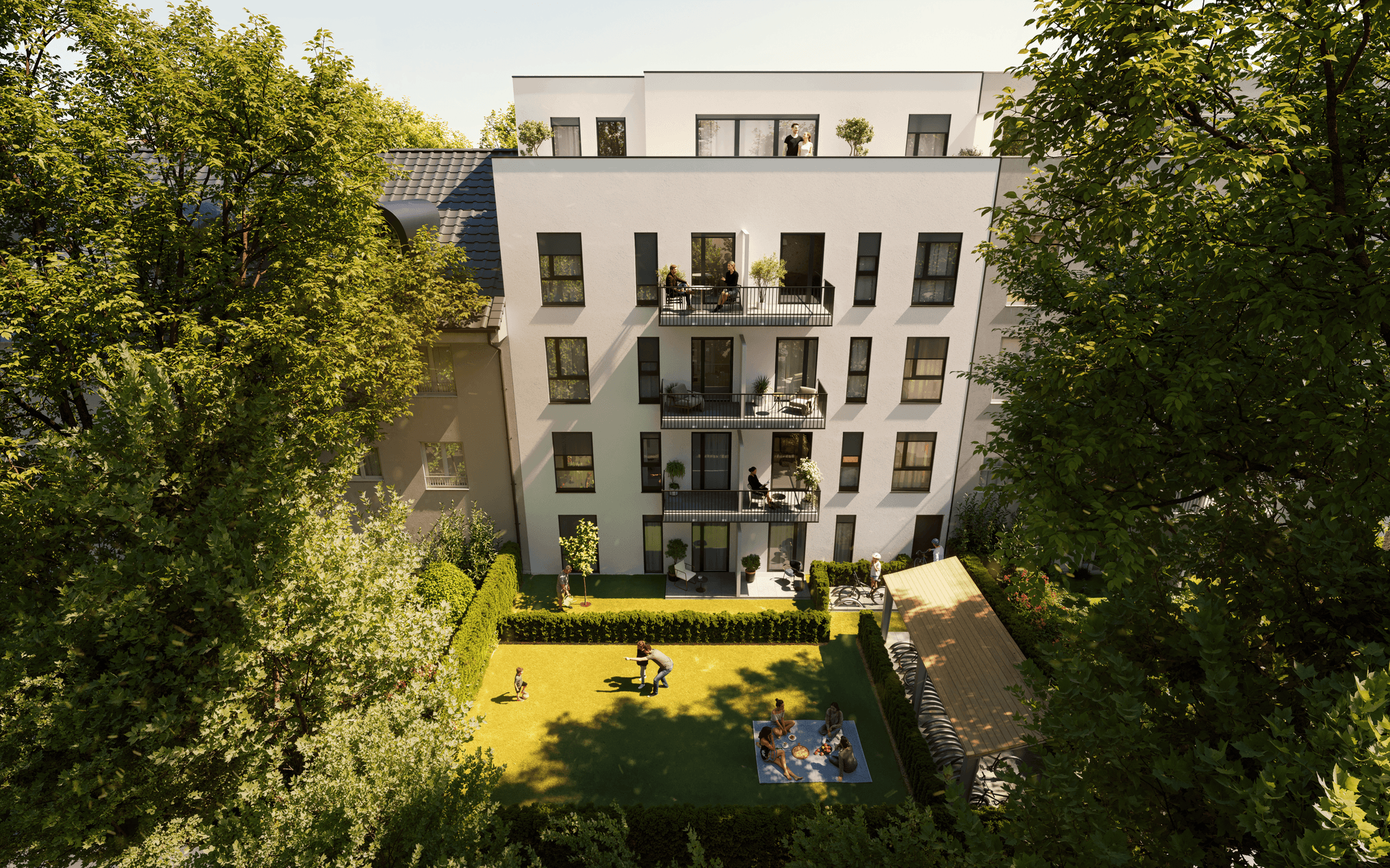 Vorderansicht der Lutteroth Lofts, umgeben von Sträuchern und einem modernen, aber gemütlichen Straßenzug. Vorderansicht der Lutteroth Lofts, umgeben von Sträuchern und einem modernen, aber gemütlichen Straßenzug.