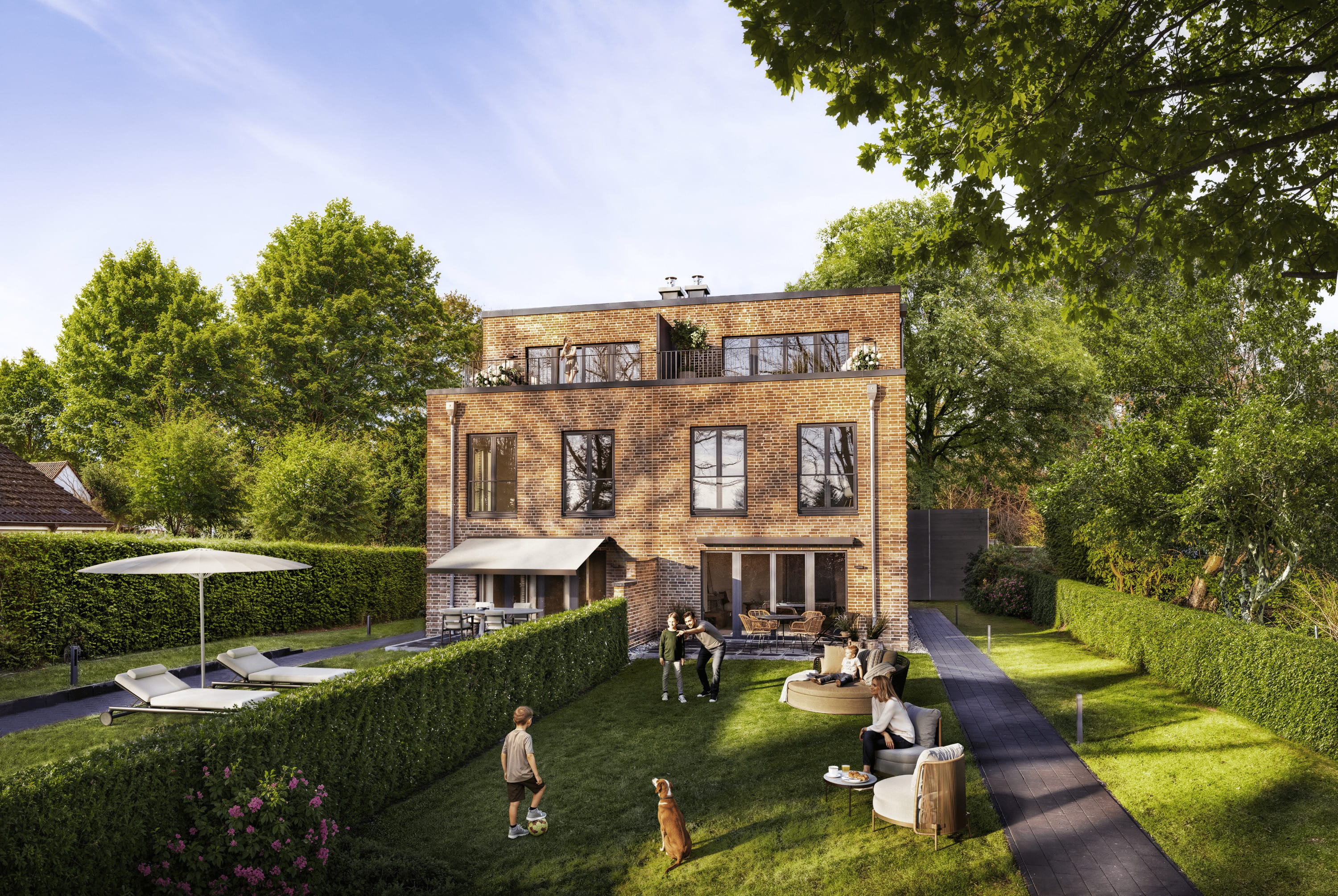 Photorealistic 3D rendering of Cordstraße showing the building’s front façade integrated into a real-life streetscape with greenery and cars. Photorealistic 3D rendering of Cordstraße showing the building’s front façade integrated into a real-life streetscape with greenery and cars.