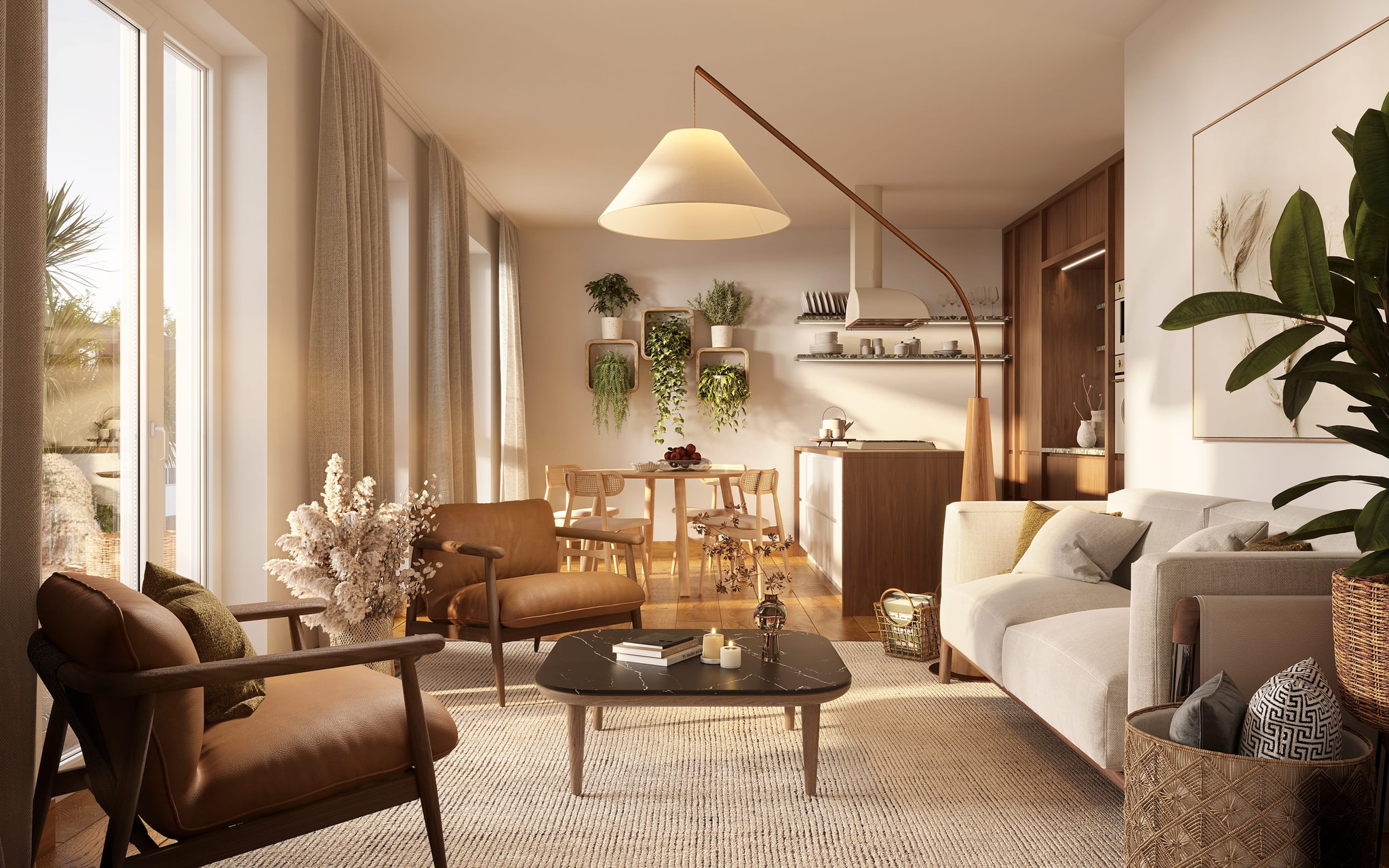 Bright, spacious living area in a luxury apartment, featuring modern furnishings and ample natural light.