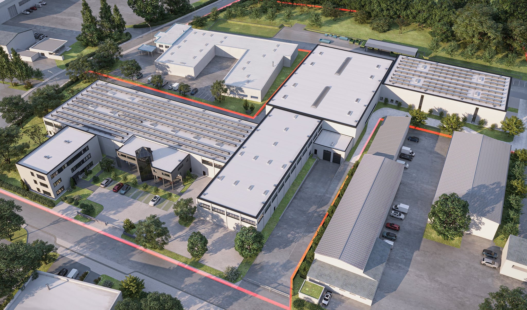 3D Außenvisualisierung einer Ladenanlage mit mehreren Hallen in Lemgo, Deutschland 3D Außenvisualisierung einer Ladenanlage mit mehreren Hallen in Lemgo, Deutschland