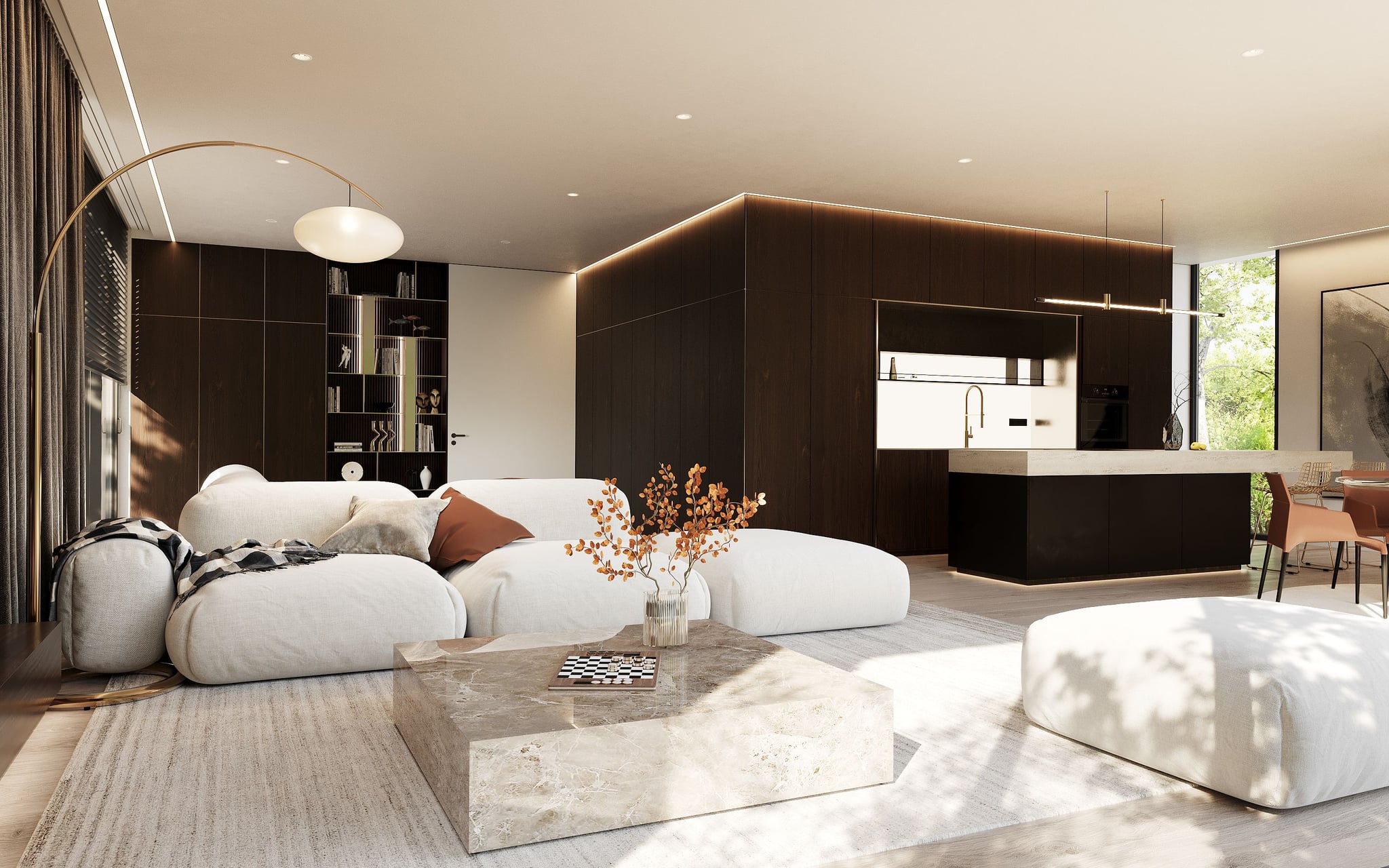 Elegantes Schlafzimmer mit modernem Dekor, einer neutralen Farbpalette und einer hellen, luftigen Atmosphäre. Elegantes Schlafzimmer mit modernem Dekor, einer neutralen Farbpalette und einer hellen, luftigen Atmosphäre.